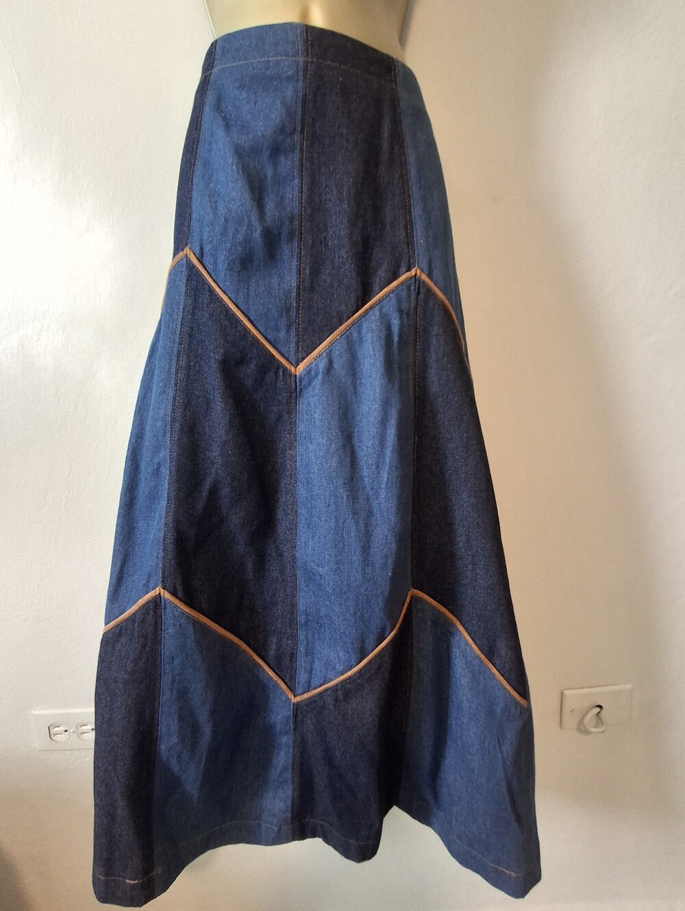 Denim Chevron Panel Maxi Skirt - Blue